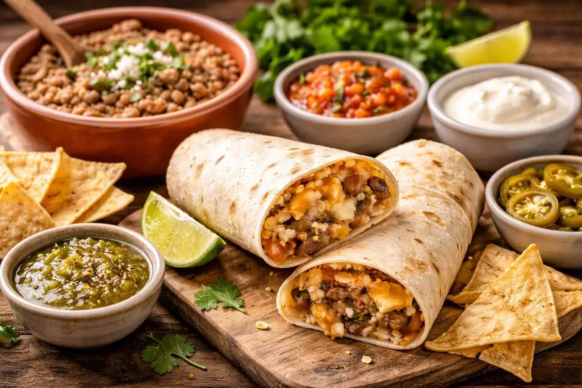 Bean and cheese burritos served on a wooden board with salsa green sauce beans lime and tortilla chips (1) (1)