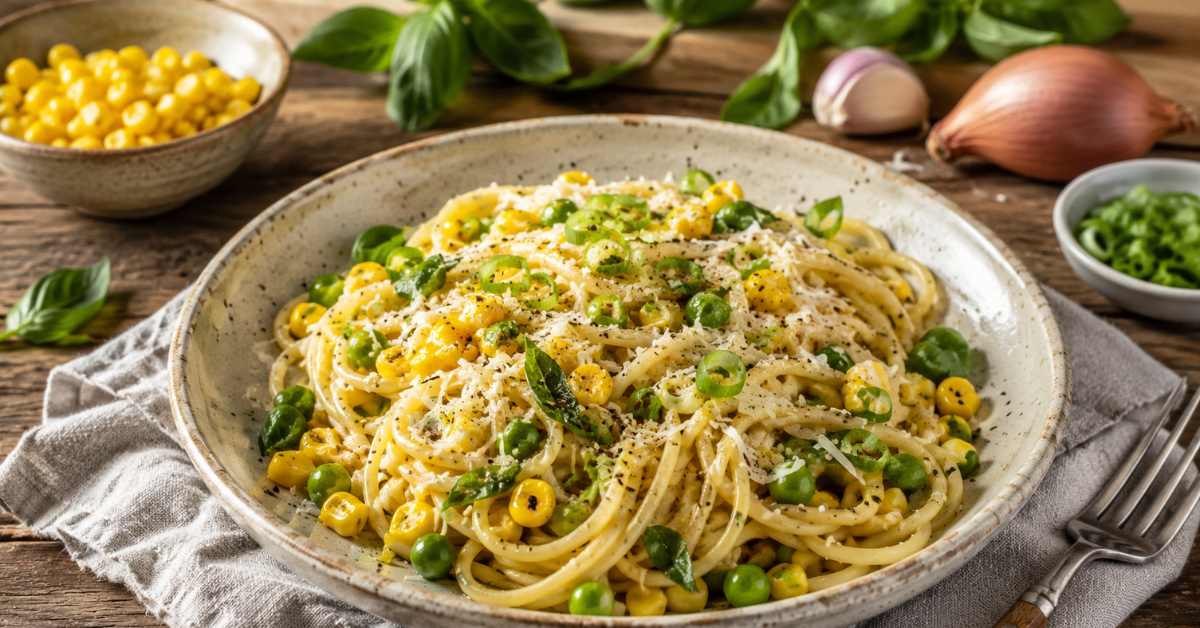 Homemade pantry pasta with corn, peas, basil, scallions, Parmesan, and cracked black pepper served in a rustic bowl on a wooden table.